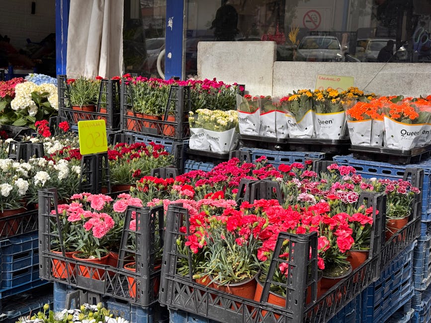 A display of various spring flowers on an outdoor flower market stand, arranged in plastic crates and small pots. The flowers include pink, red, white, yellow, and orange blooms, such as carnations an